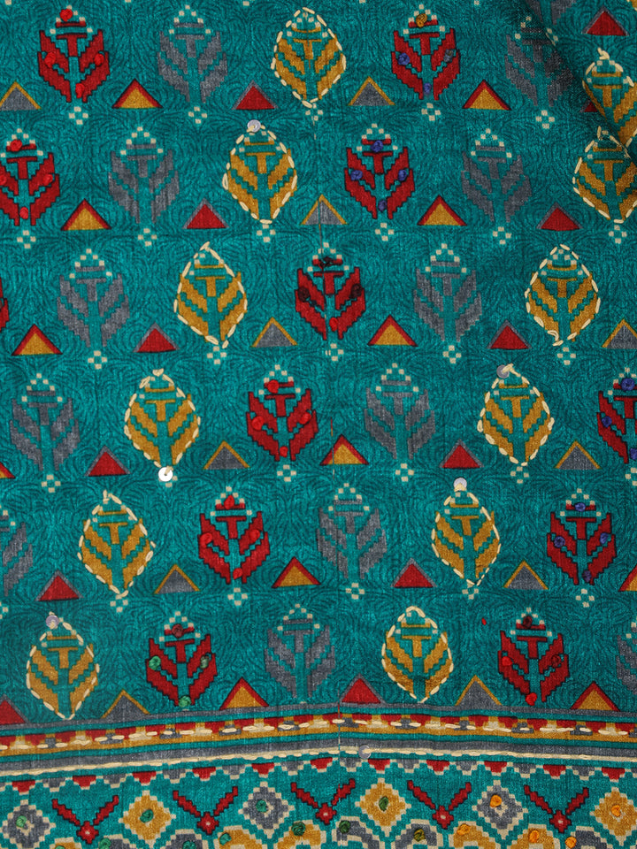 Teal Green Floral Designed Chanderi Cotton Saree - Diadem