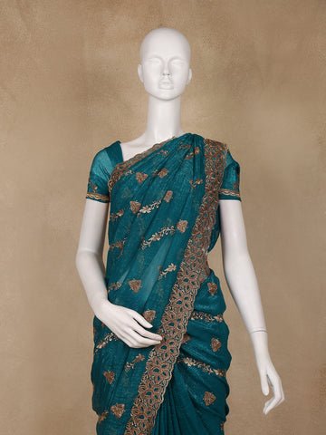 Teal Green Floral Embellished Chiffon Saree - Diadem