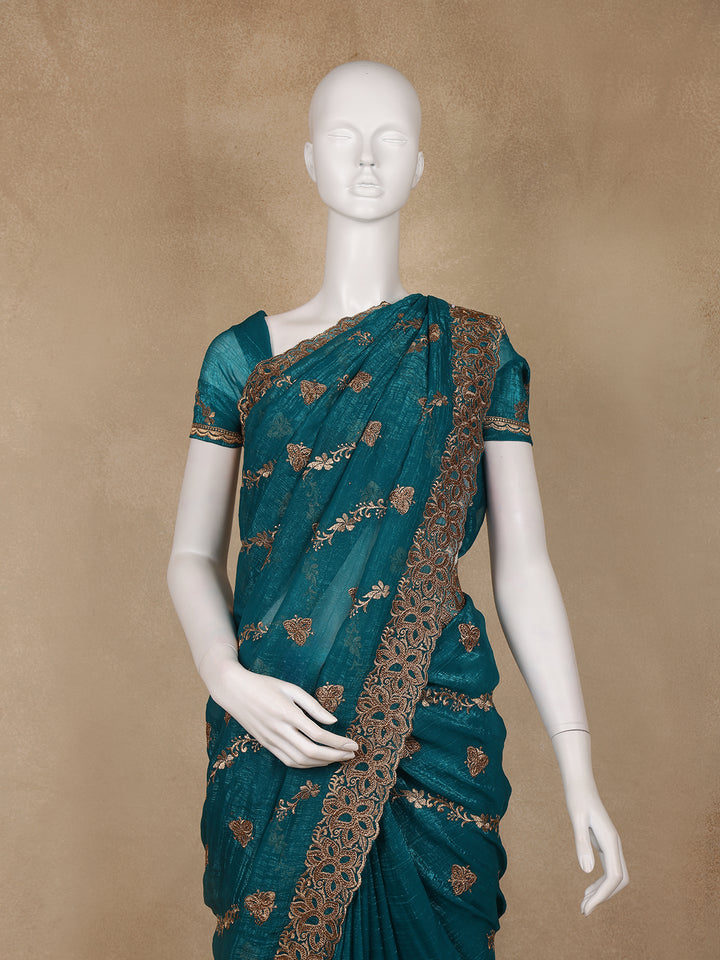 Teal Green Floral Embellished Chiffon Saree - Diadem
