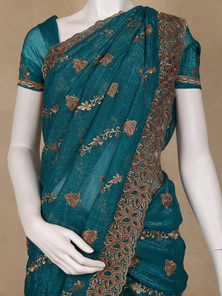 Teal Green Floral Embellished Chiffon Saree - Diadem