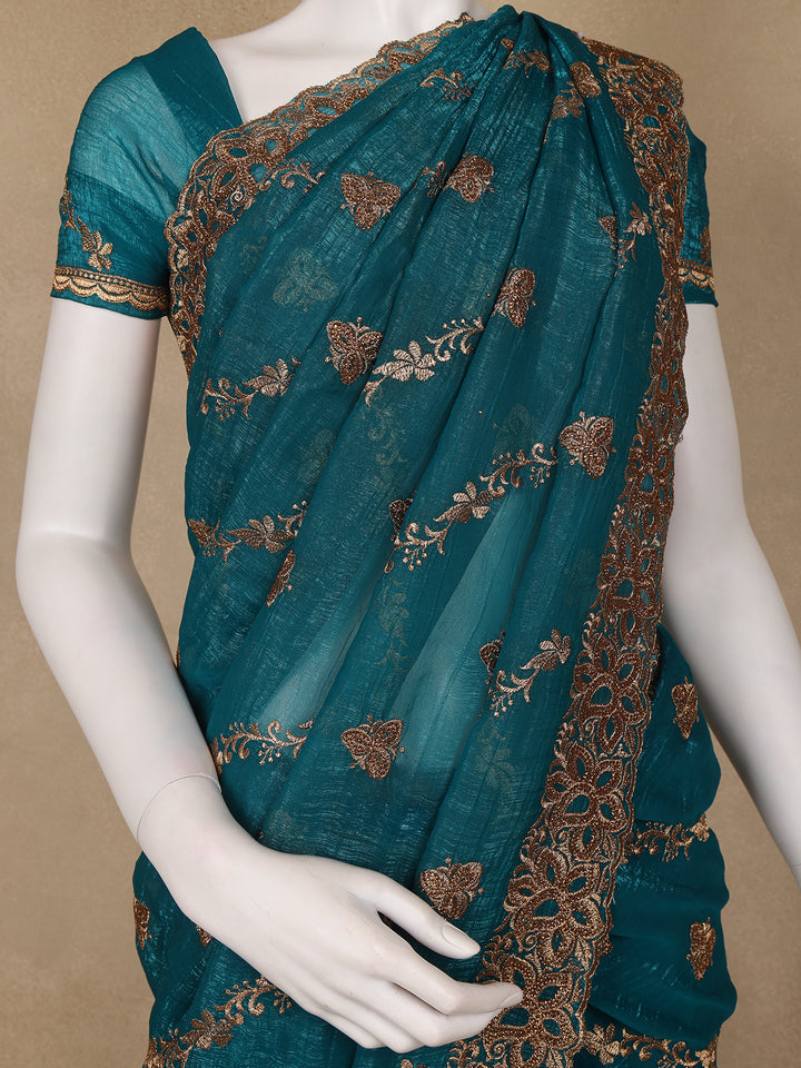 Teal Green Floral Embellished Chiffon Saree - Diadem