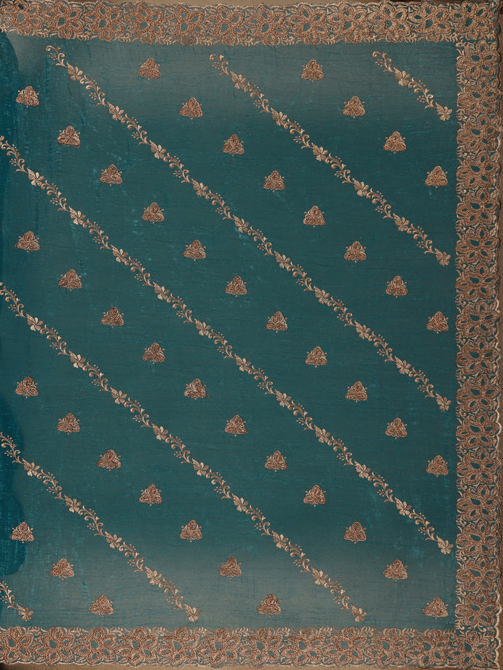 Teal Green Floral Embellished Chiffon Saree - Diadem