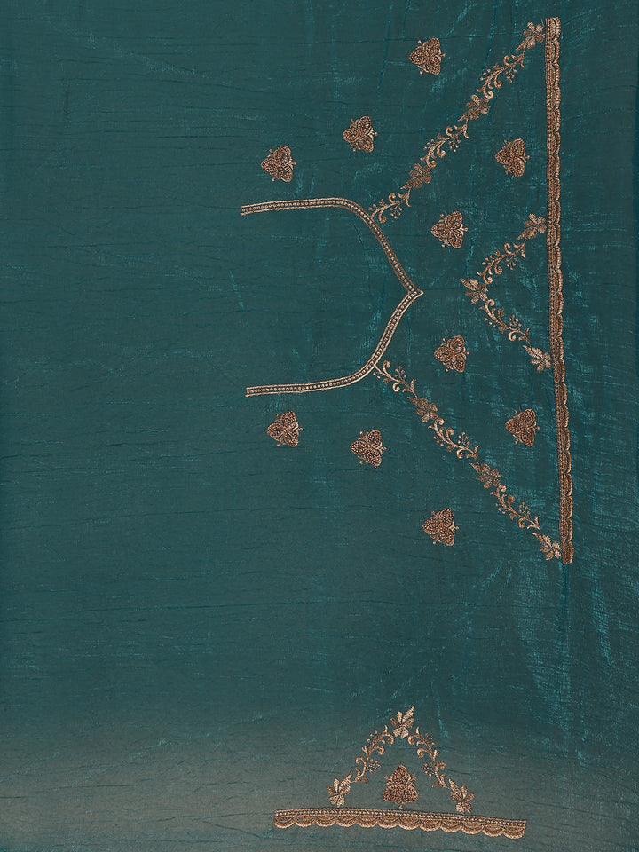 Teal Green Floral Embellished Chiffon Saree - Diadem