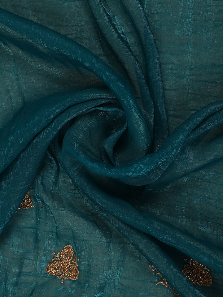 Teal Green Floral Embellished Chiffon Saree - Diadem