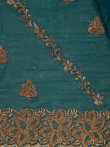 Teal Green Floral Embellished Chiffon Saree - Diadem