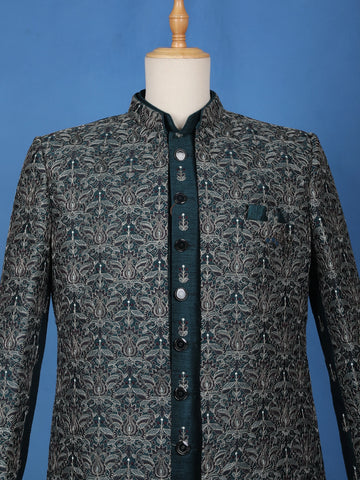 Teal Green Floral Embroidered Jacquard Sherwani Suit - Diadem