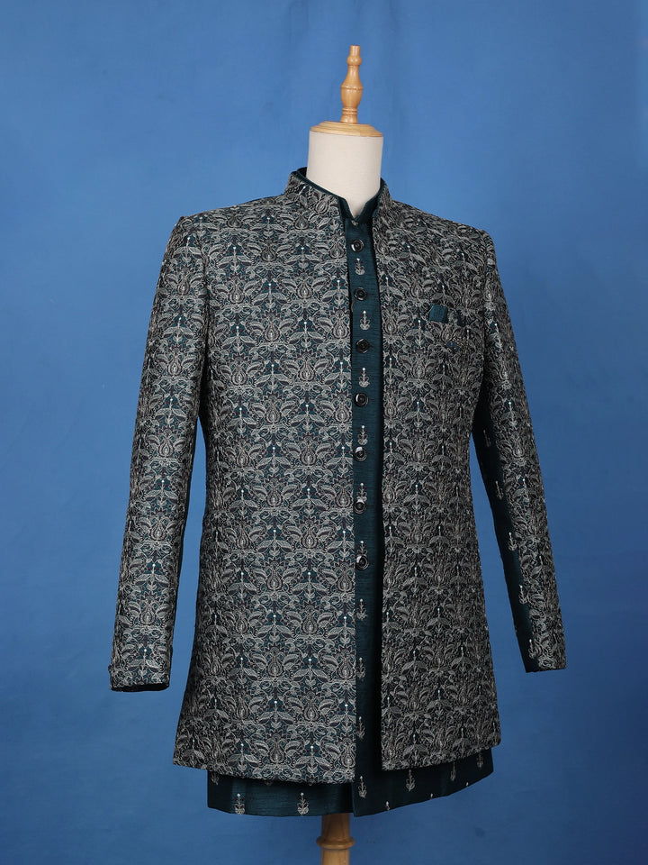 Teal Green Floral Embroidered Jacquard Sherwani Suit - Diadem