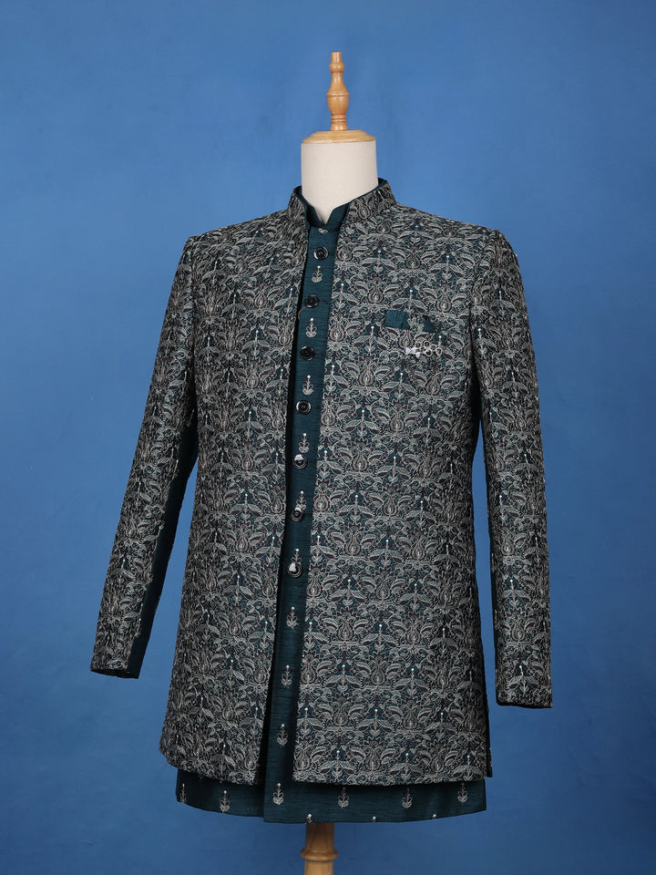 Teal Green Floral Embroidered Jacquard Sherwani Suit - Diadem