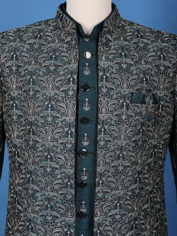 Teal Green Floral Embroidered Jacquard Sherwani Suit - Diadem