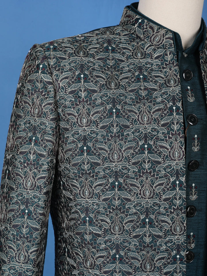 Teal Green Floral Embroidered Jacquard Sherwani Suit - Diadem
