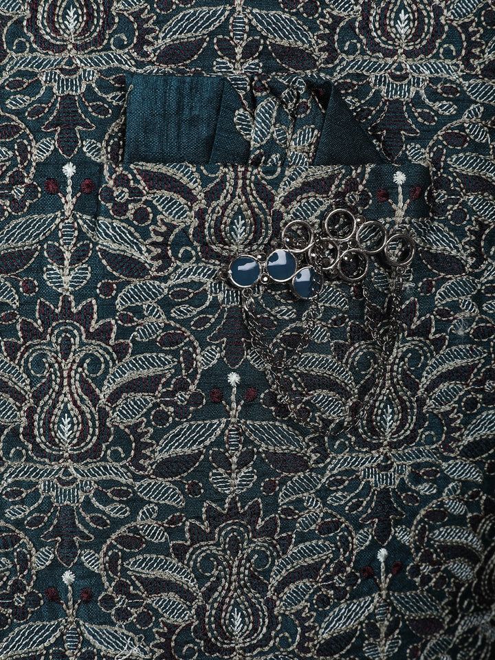 Teal Green Floral Embroidered Jacquard Sherwani Suit - Diadem