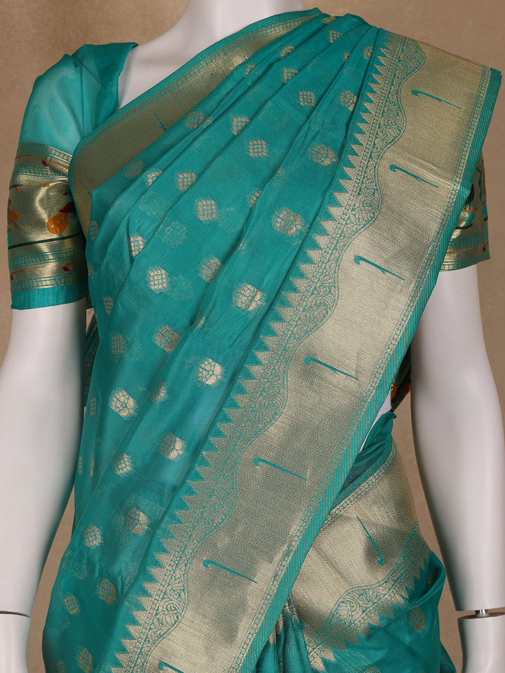 Teal Green Floral Motifs Zari Weaving Soft Silk Saree - Diadem