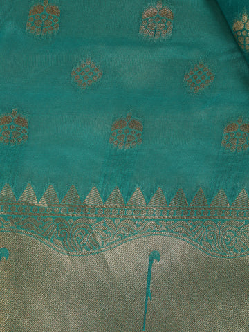 Teal Green Floral Motifs Zari Weaving Soft Silk Saree - Diadem