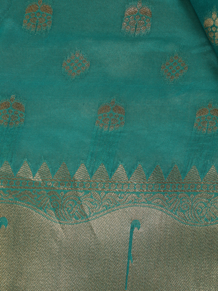 Teal Green Floral Motifs Zari Weaving Soft Silk Saree - Diadem
