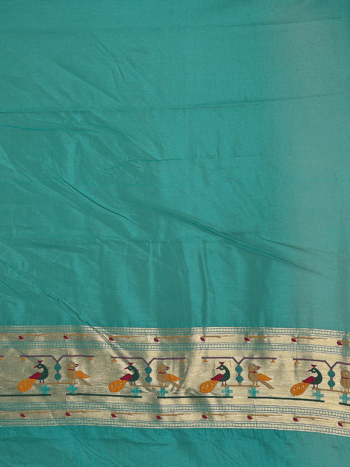 Teal Green Floral Motifs Zari Weaving Soft Silk Saree - Diadem
