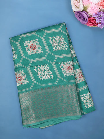 Teal Green Floral hexagonal Printed Cotton Saree - Diadem