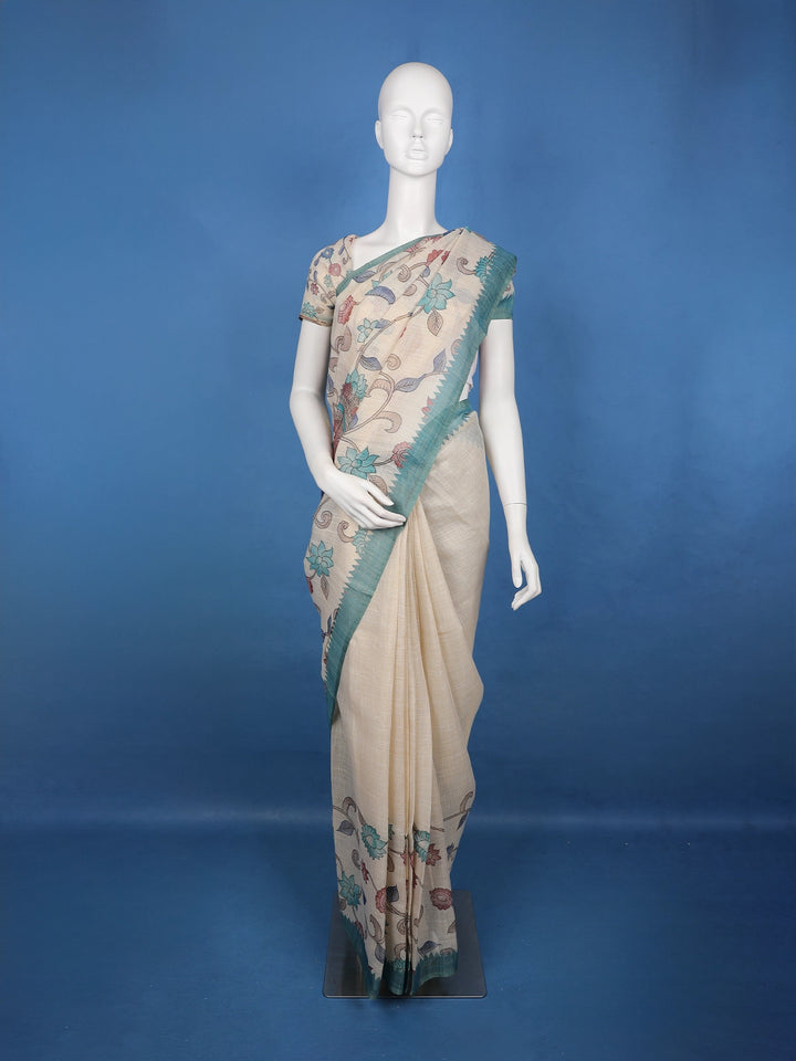 Teal Green Kalamkari Inspired Floral Printed Cotton Saree - Diadem