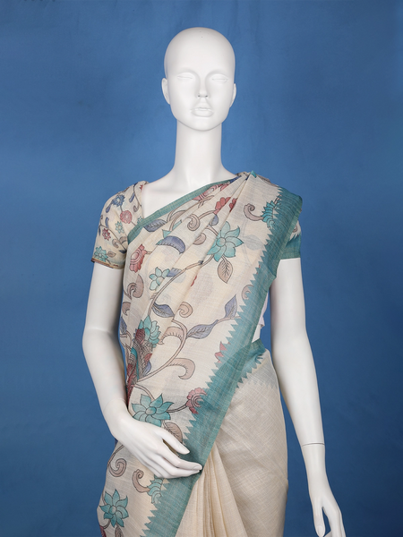 Teal Green Kalamkari Inspired Floral Printed Cotton Saree - Diadem