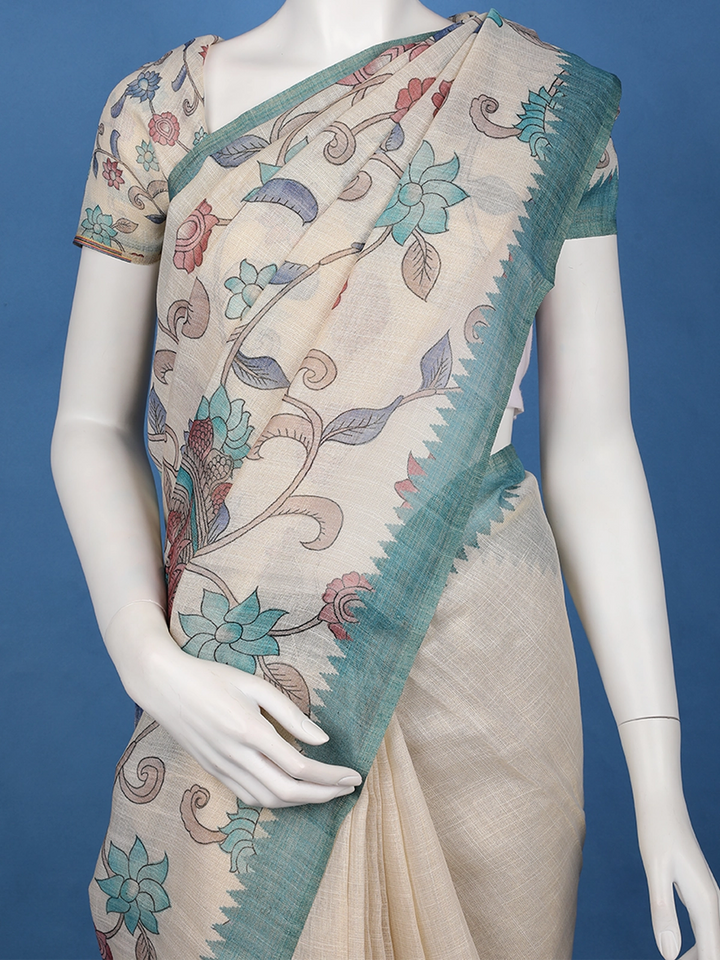 Teal Green Kalamkari Inspired Floral Printed Cotton Saree - Diadem