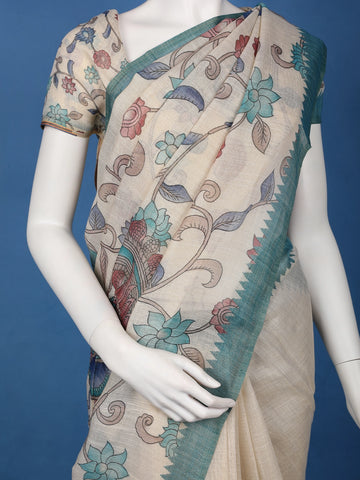 Teal Green Kalamkari Inspired Floral Printed Cotton Saree - Diadem