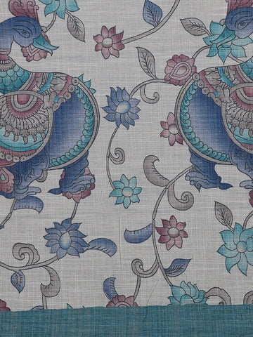 Teal Green Kalamkari Inspired Floral Printed Cotton Saree - Diadem