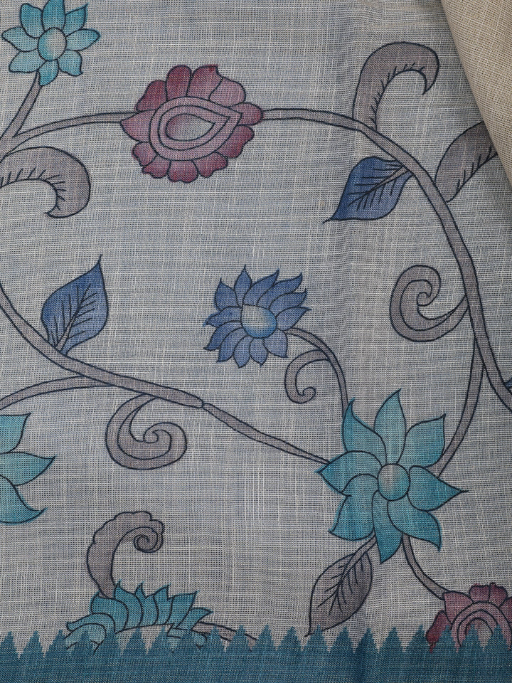 Teal Green Kalamkari Inspired Floral Printed Cotton Saree - Diadem