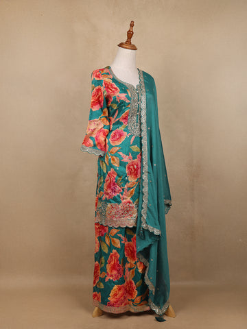 Teal Green Sequins Design Floral Print Tussar Silk Plazzo Salwar - Diadem
