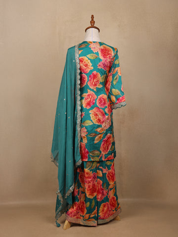Teal Green Sequins Design Floral Print Tussar Silk Plazzo Salwar - Diadem