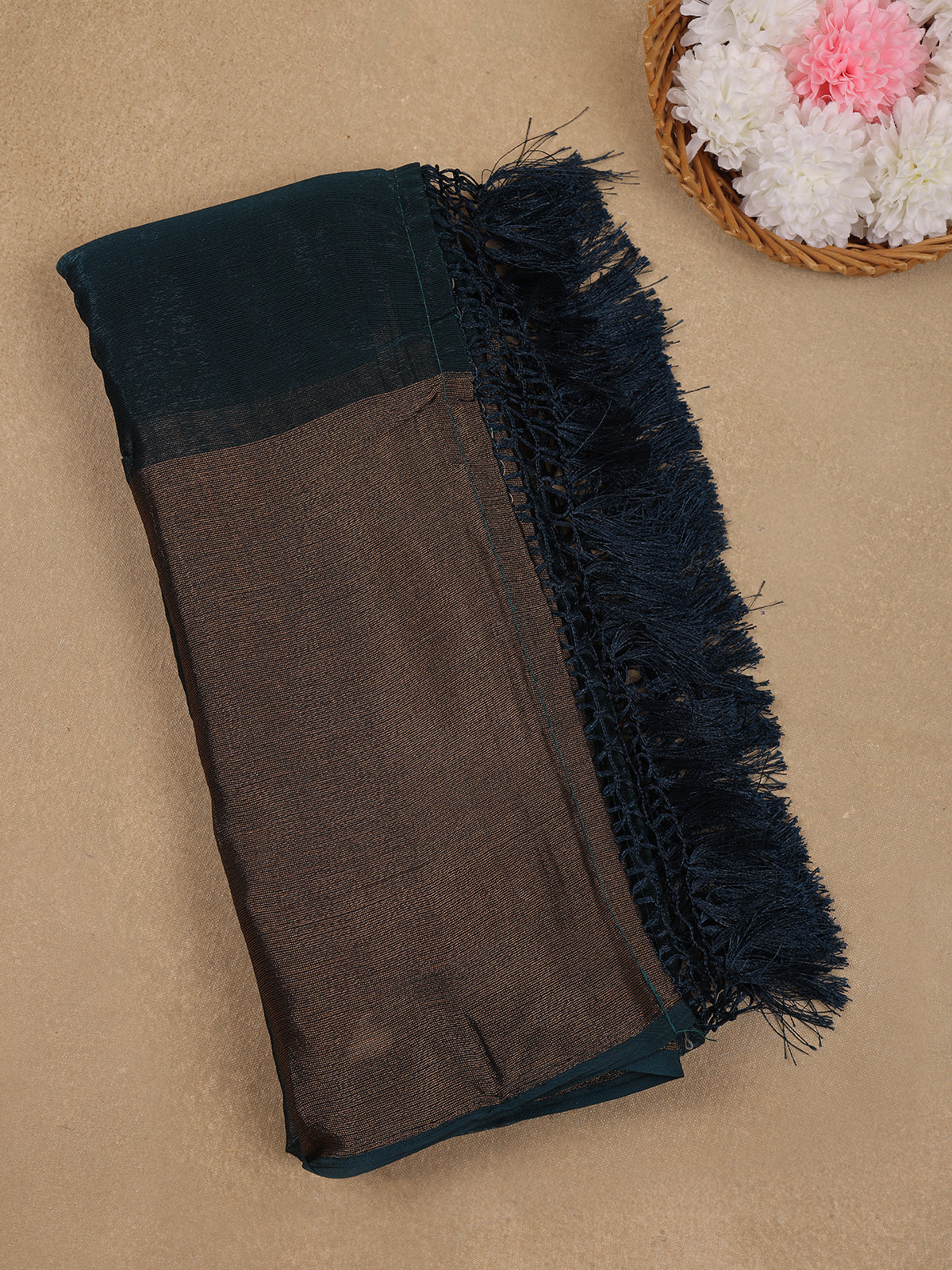 Teal Green Solid Silk Fancy Saree with Beaded Work Blouse - Diadem