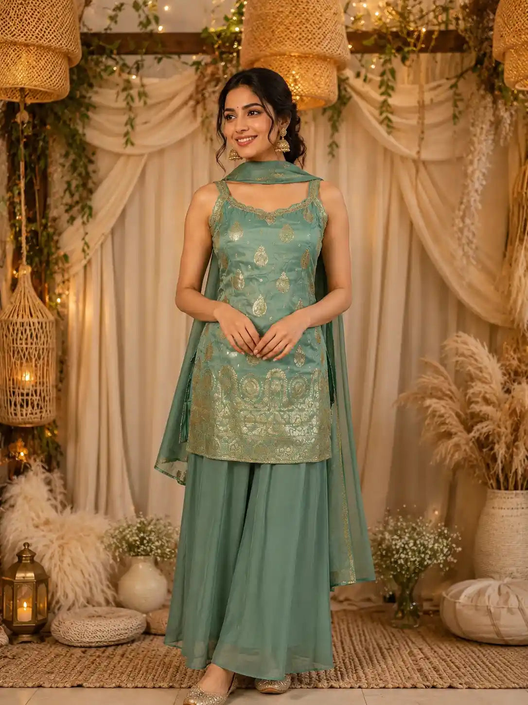 Teal Green Zari Woven Design Silk Palazzo Suit with Dupatta