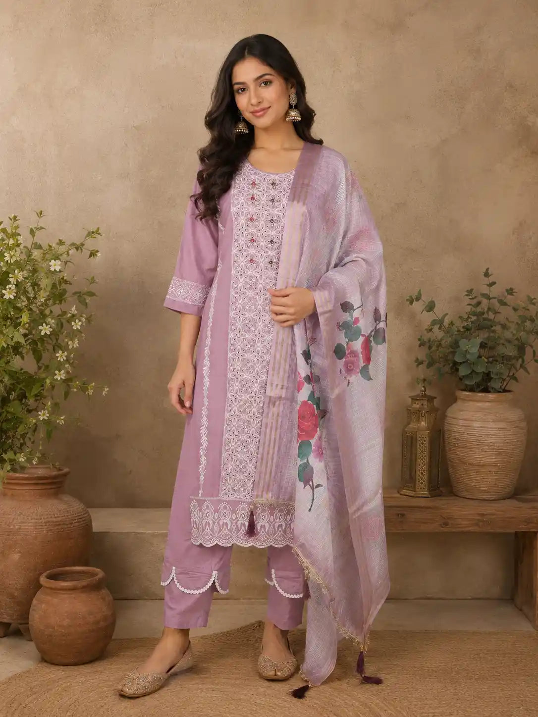 Teal Pink Embroidered Cotton Salwar Suit with Floral Printed Dupatta