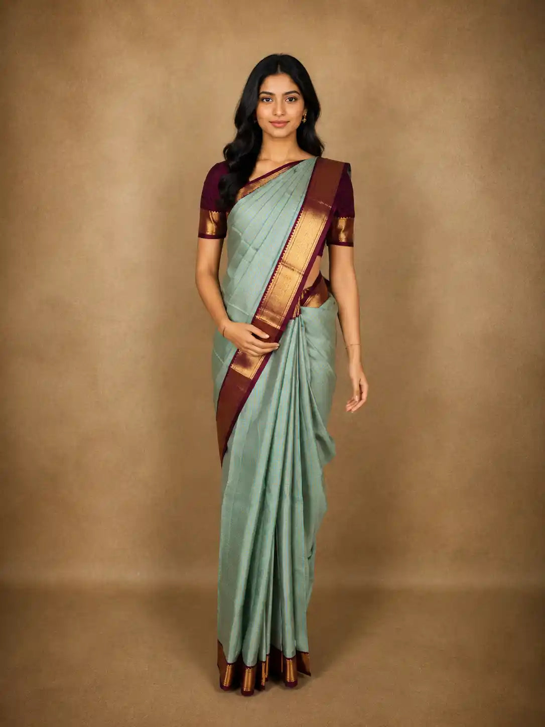 Teel Green Mini Checked Woven Design Pure Kanchipuram Silk Saree with Contrast Zari Border