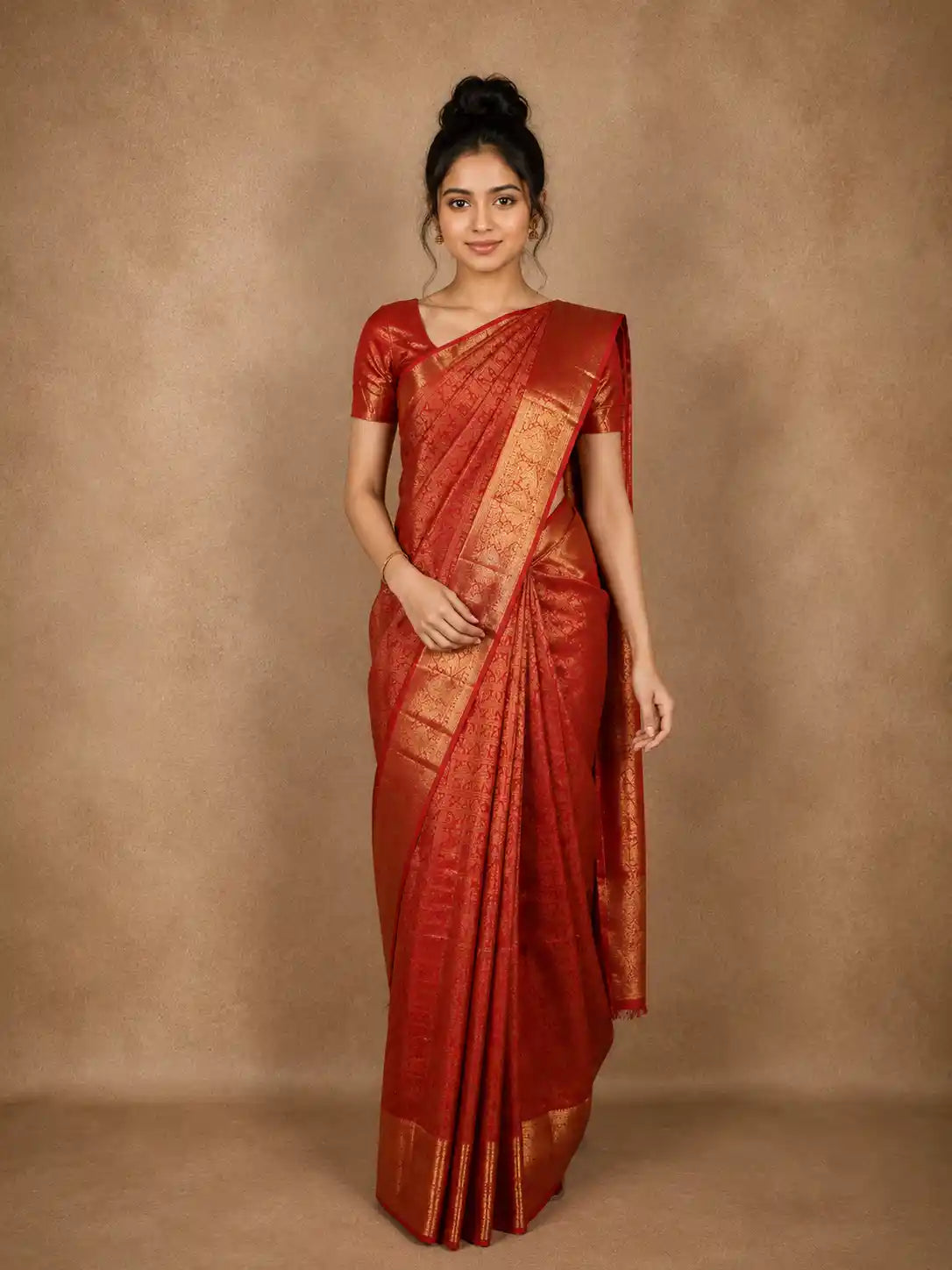 Tomato Red Floral Zari Woven Design Pure Kanchipuram Silk Saree