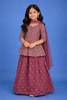 Purple Sequins Embroidered Kids Peplum Top With Skirt And Dupatta