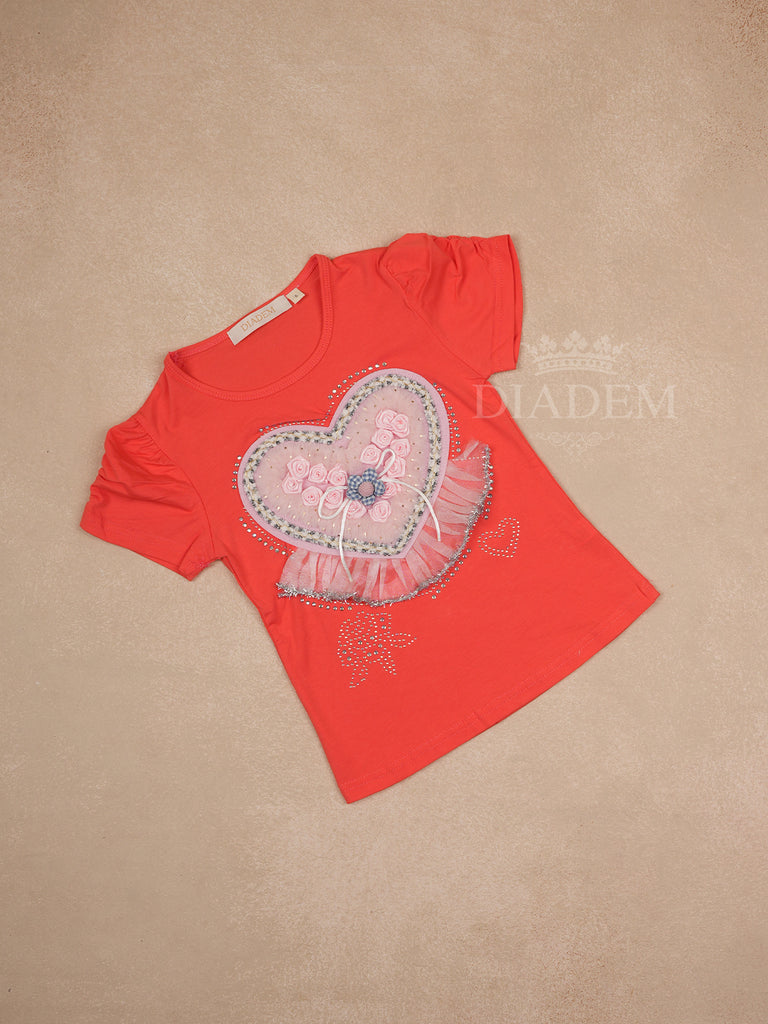 Orange Cotton Half Sleeve T-Shirt with 3D Floral and Heart Patch Designs for Girls