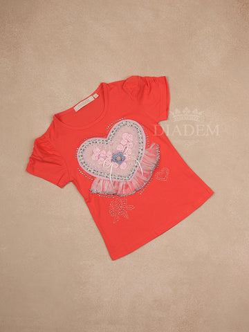 Orange Cotton Half Sleeve T-Shirt with 3D Floral and Heart Patch Designs for Girls