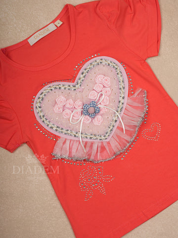 Orange Cotton Half Sleeve T-Shirt with 3D Floral and Heart Patch Designs for Girls