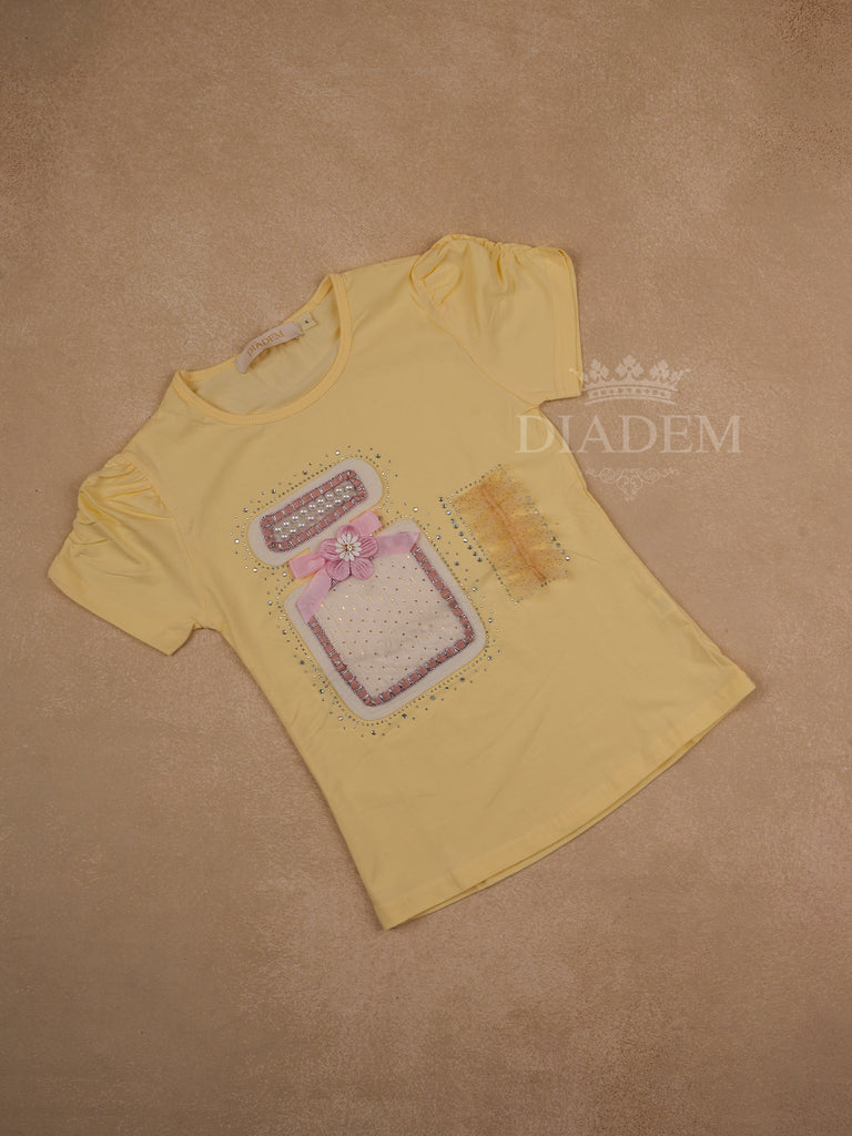 Yellow Cotton Half Sleeve T-Shirt with 3D Flowers and Bow Designs for Girls