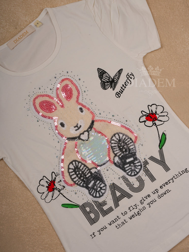 White Cotton Half Sleeve T-Shirt with Rabbit and Sequins Designs for Girls