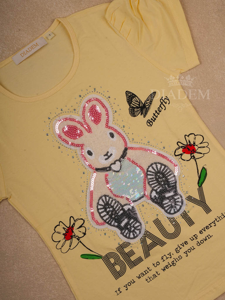 Yellow Cotton Half Sleeve T-Shirt with Rabbit and Sequins Designs for Girls