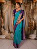 Turquoise Blue Checked Zari Woven Design Pure Kanchipuram Silk Saree with Contrast Zari Border