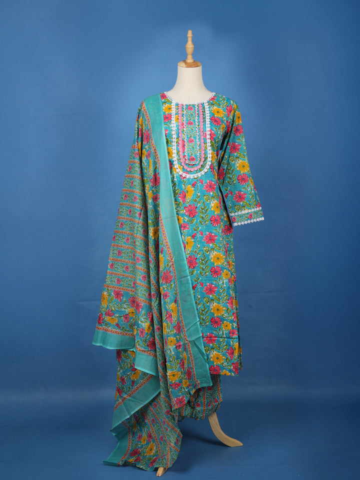 Turquoise Blue Floral Design Printed Cotton Salwar Suit - Diadem
