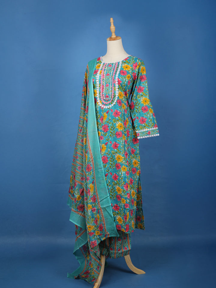 Turquoise Blue Floral Design Printed Cotton Salwar Suit - Diadem