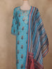 Turquoise Blue Floral Embroidered Cotton Salwar Suit with Striped Dupatta