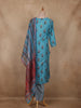Turquoise Blue Floral Embroidered Cotton Salwar Suit with Striped Dupatta