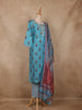 Turquoise Blue Floral Embroidered Cotton Salwar Suit with Striped Dupatta