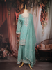 Turquoise Blue Floral Sequins Embroidered Tissue Silk Sharara Suit With Dupatta