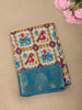 Turquoise Blue Geometric Ikat-Inspired Design Mixed Cotton Saree with Ornamental Zari Woven Border