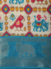 Turquoise Blue Geometric Ikat-Inspired Design Mixed Cotton Saree with Ornamental Zari Woven Border