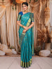 Turquoise Blue Geometric Zari Woven Design Pure Kanchipuram Silk Bridal Saree with Contrast Navy Blue Zari Border
